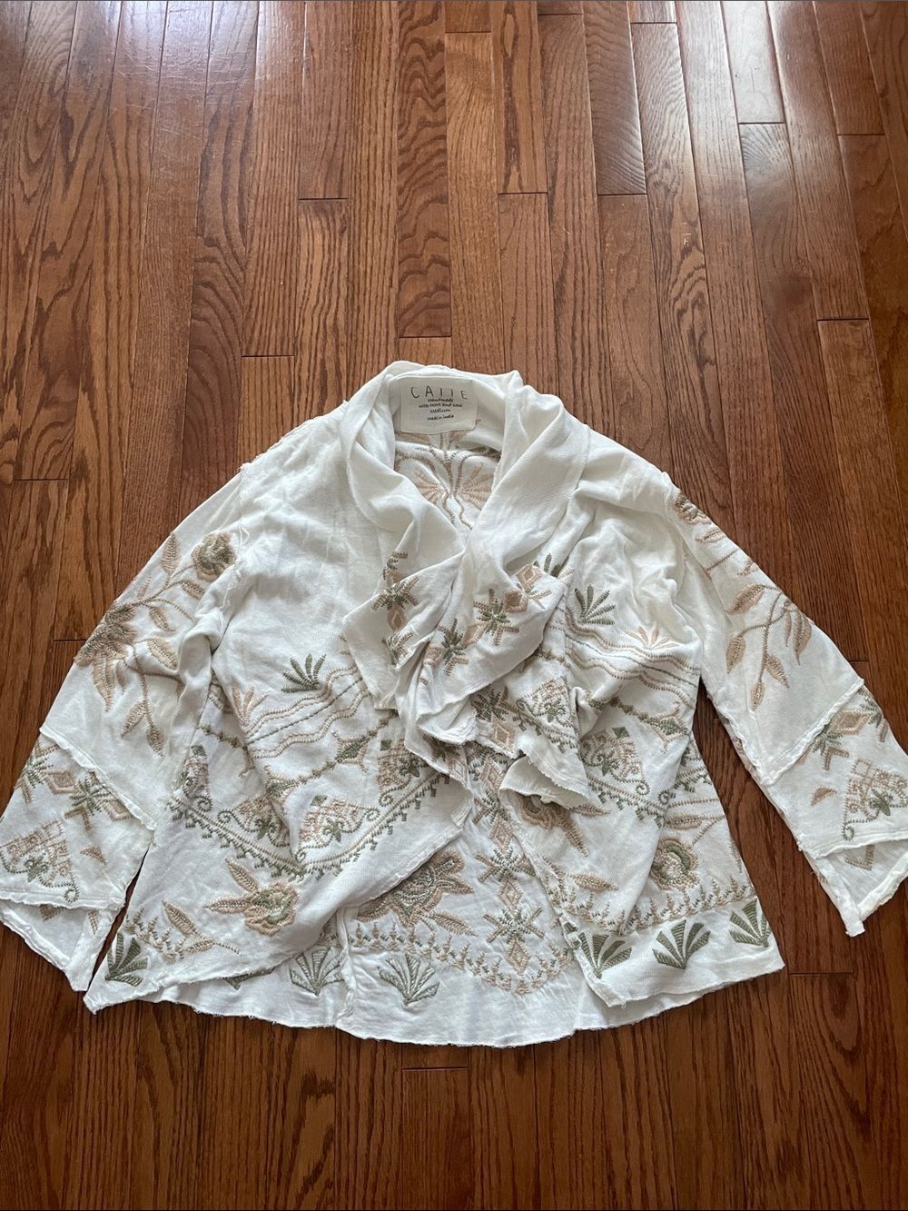 Caite Cream Embroidered Open Cardigan Women’s Sz Medium